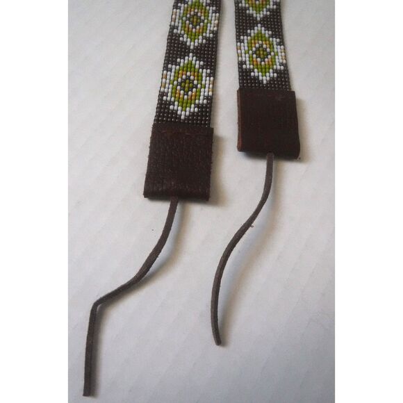 Beaded Hat Band Brown, White, Green, & Tan w/ Leather